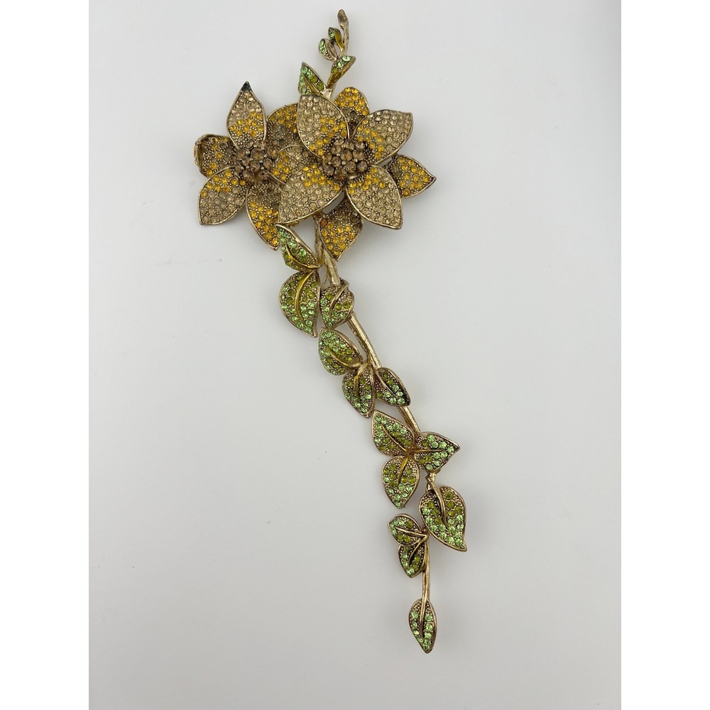 Vintage BIJOUX Style 9" Articulated Flower Brooch Green Rhinestone Gold Tone